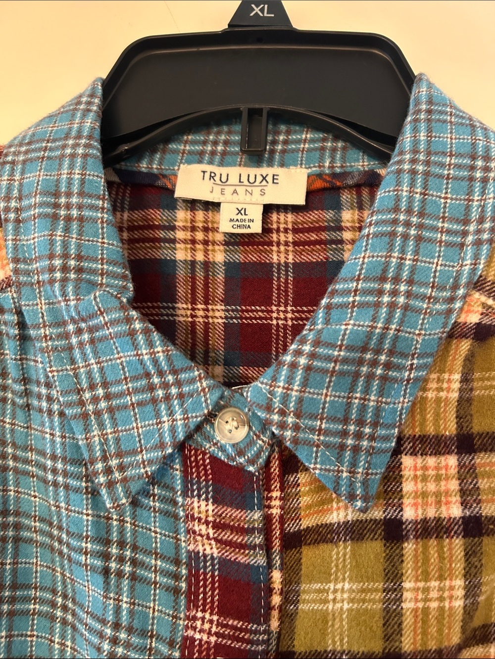 Tru Luxe Jeans Multi-Panel Plaid Button-Down in Blue, Burgundy & Tan - Picture 3 of 4